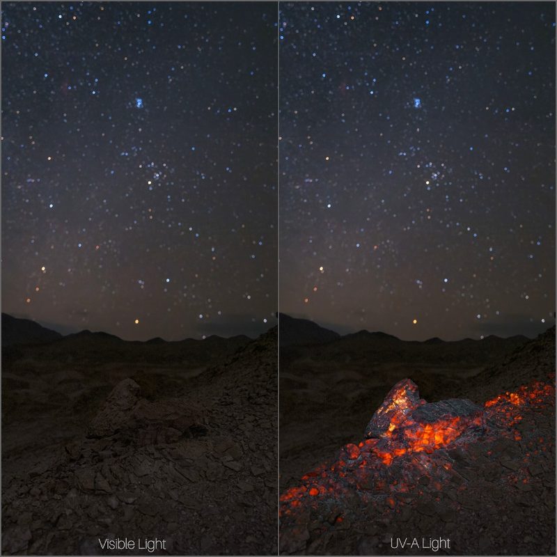 Side-by-side view of a desert outcrop beneath the stars: dark in visible light, glowing orange under UV-A light.